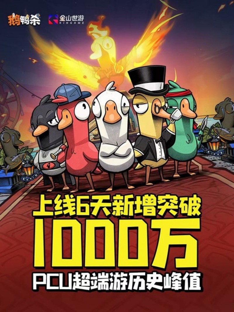 《鹅鸭杀》6日上线，新增用户数千万。 超过Steam端峰值记录的最高在线人数